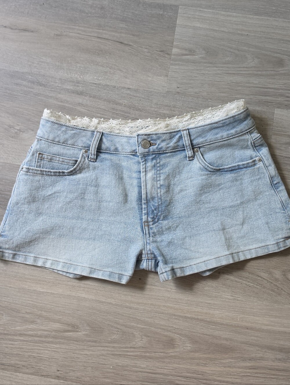 No Boundaries Light Blue Denim Shorts with Frayed Lace Waist
